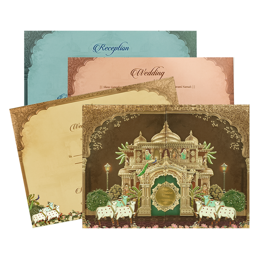 Brown Gold Royal Temple Padded Wedding Card-KRB09270