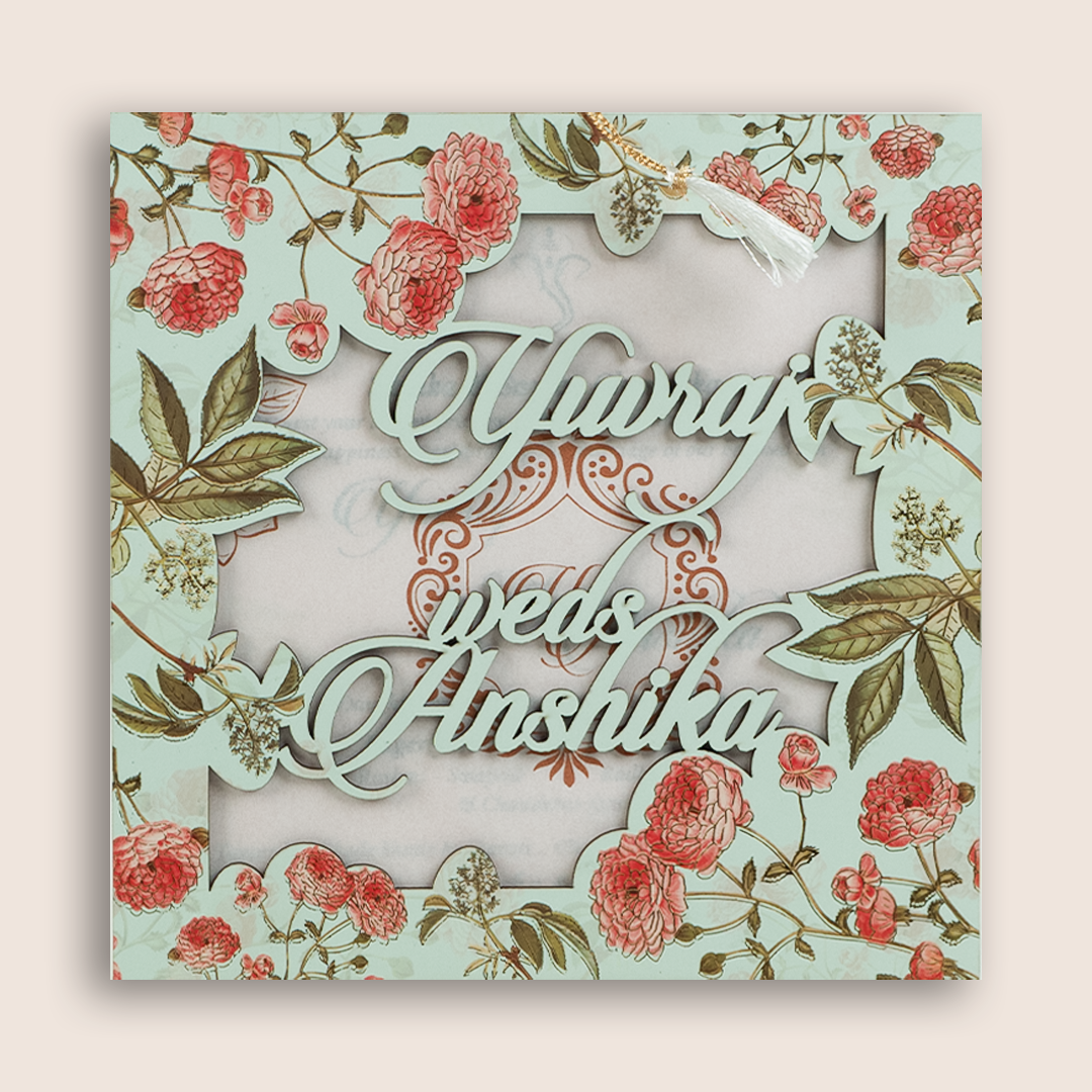 Pastel Green Floral MDF Marriage Invitation - KVN06010