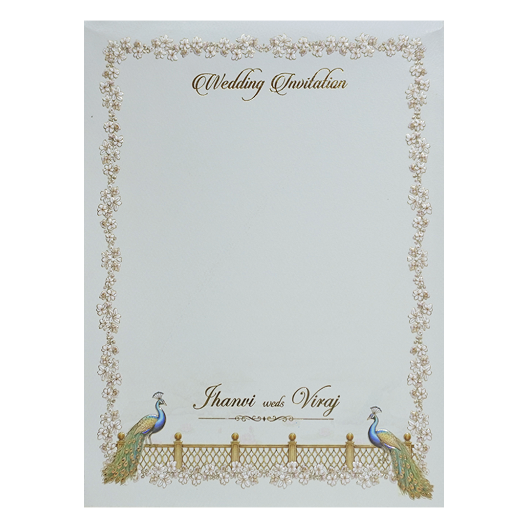 White Gold Lasercut Peacock Palace Padded Wedding Card-KMMEX8150