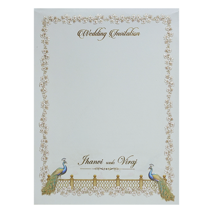 White Gold Lasercut Peacock Palace Padded Wedding Card-KMMEX8150