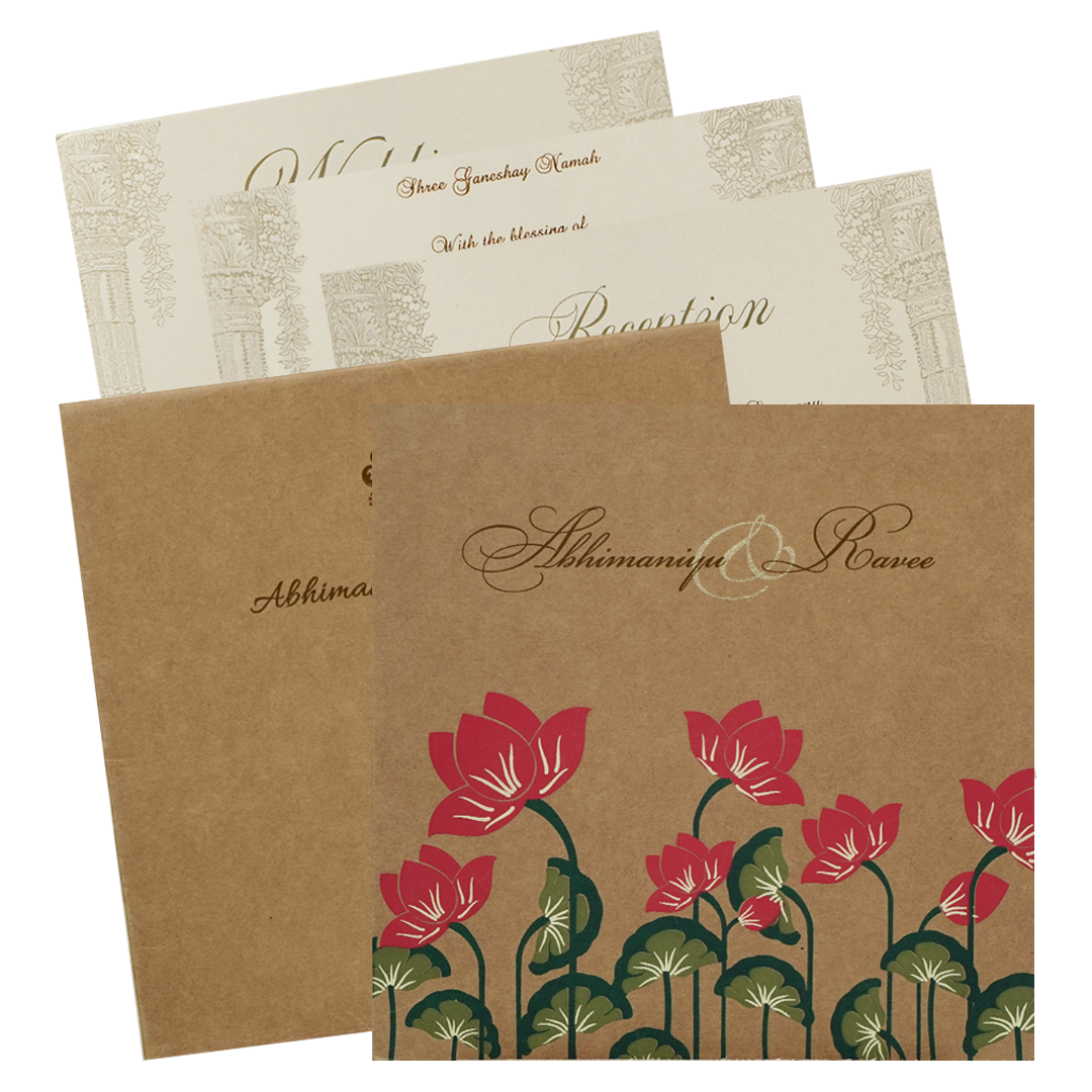 Kakhi Brown Red Floral Wedding Card-KRC28552