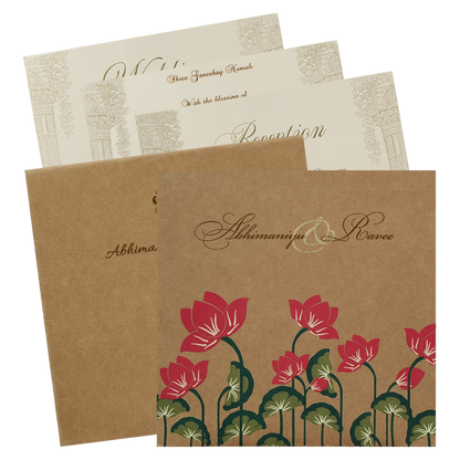 Kakhi Brown Red Floral Wedding Card-KRC28552