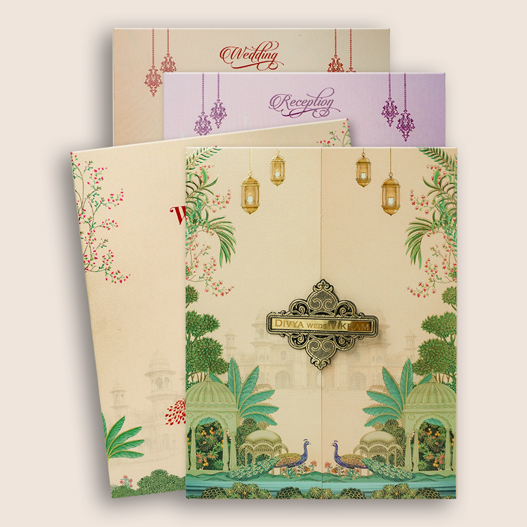 Pink Padded Peacock Palace Wedding Card-KNKN6320