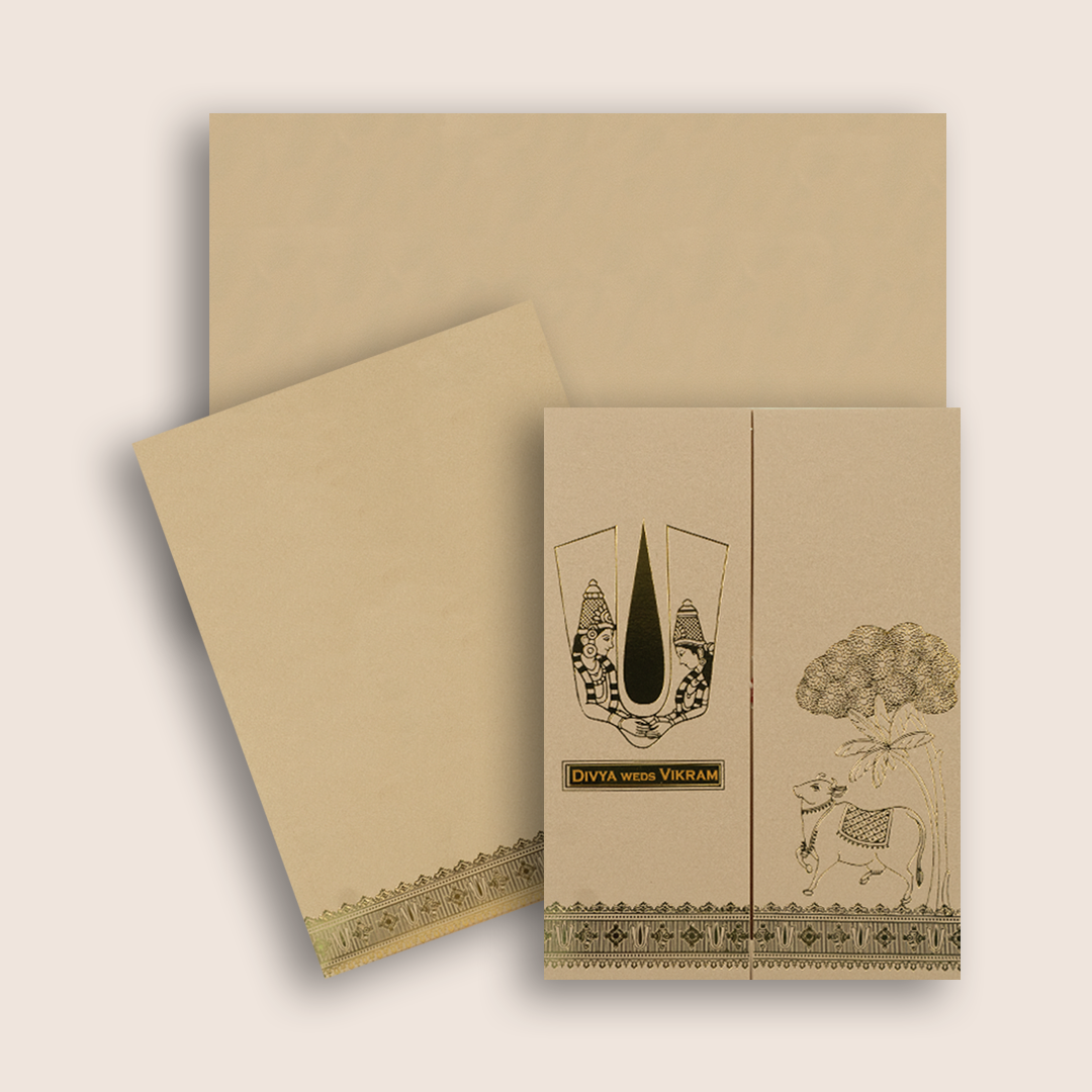 Pastel Pink Vaishnava Tilak Door Style Wedding Card - KNRR8708P