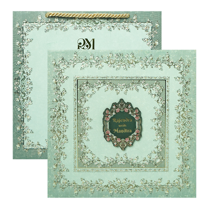Green Floral Frame Wedding Invitation Box - KSI64190