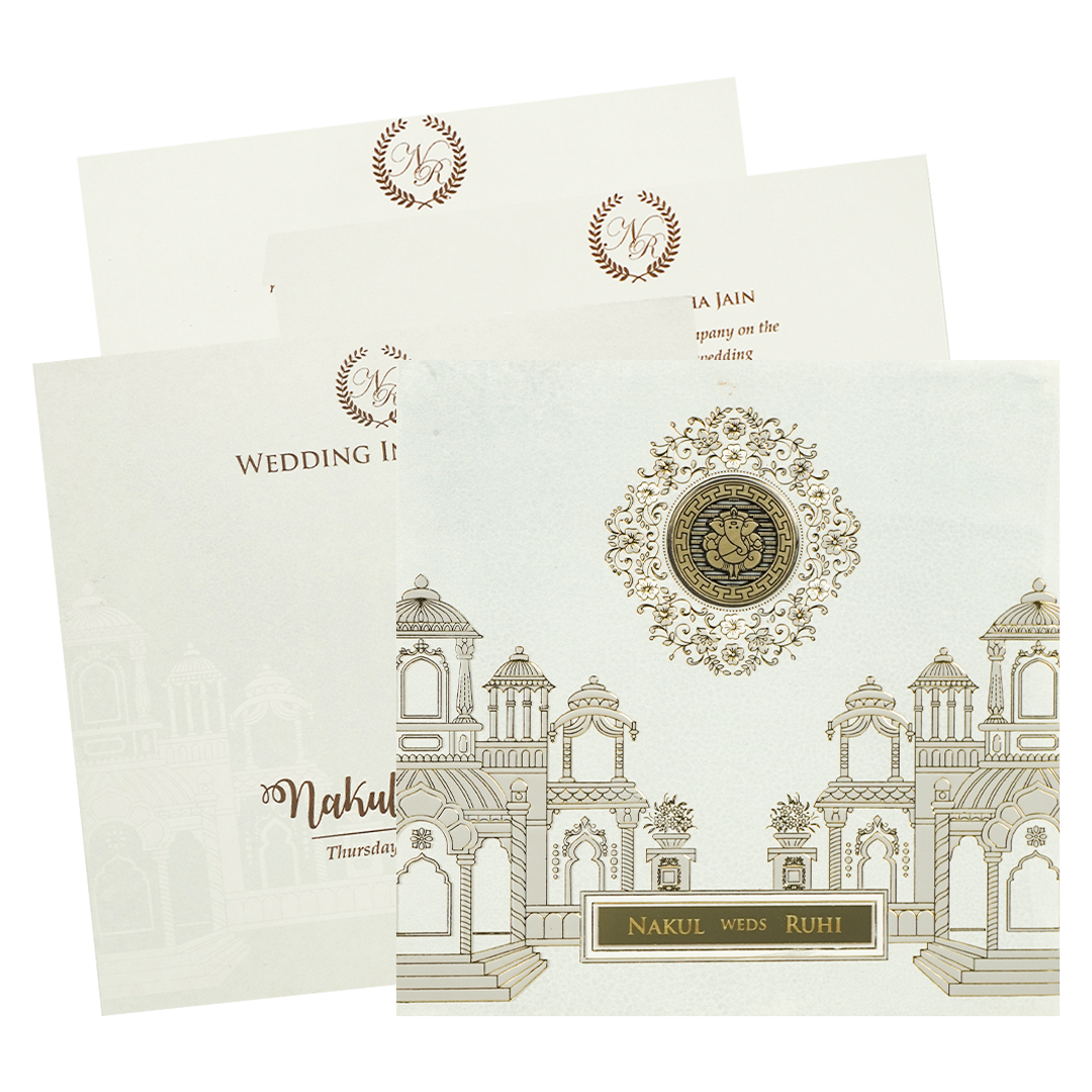 White Palace Ganesha Padded Wedding Card-KRE28260