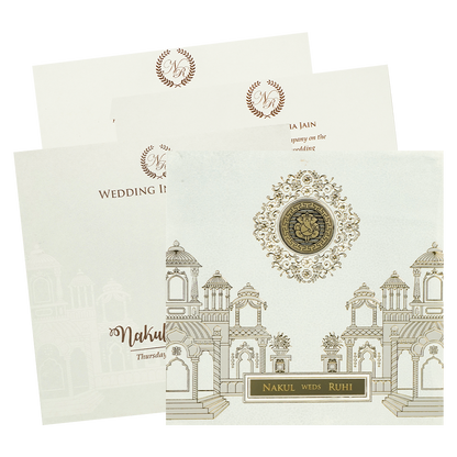 White Palace Ganesha Padded Wedding Card-KRE28260