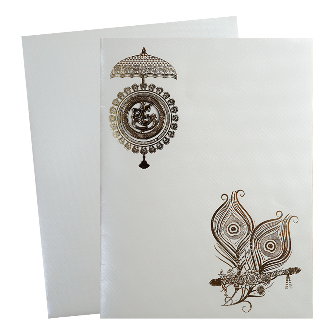 White Ganesha Umbrella Peacock Feather Wedding Card-KNWT5015