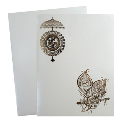 White Ganesha Umbrella Peacock Feather Wedding Card-KNWT5015