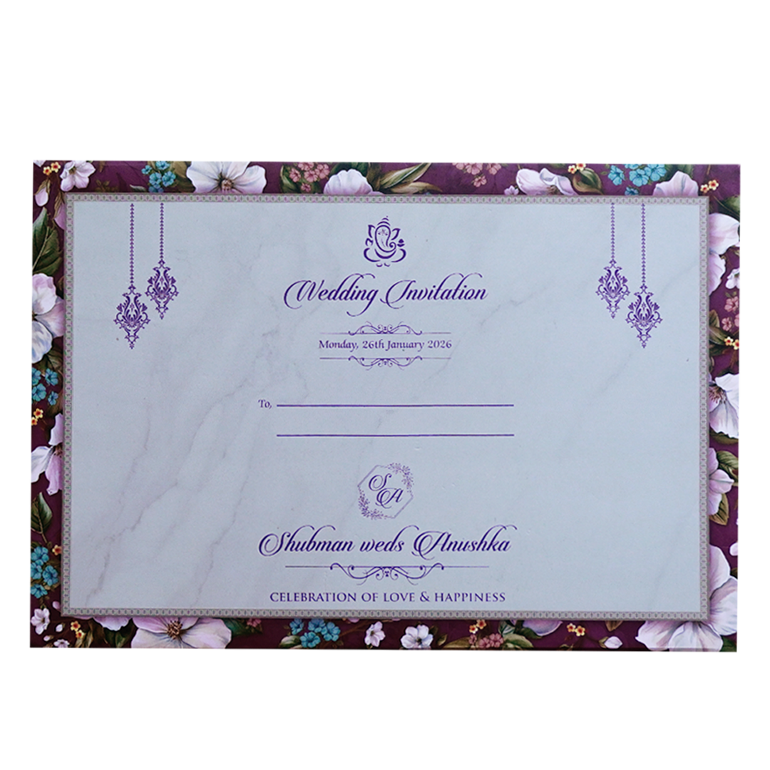 Purple Floral Padded Embossed Wedding Invitation Card-KRB09640