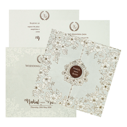 White Floral Circle Medallion Wedding Card-KRE28570