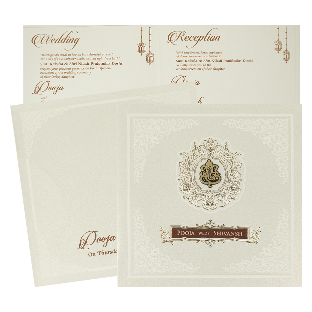 White Ganesha Floral Wedding Card-KRE27710