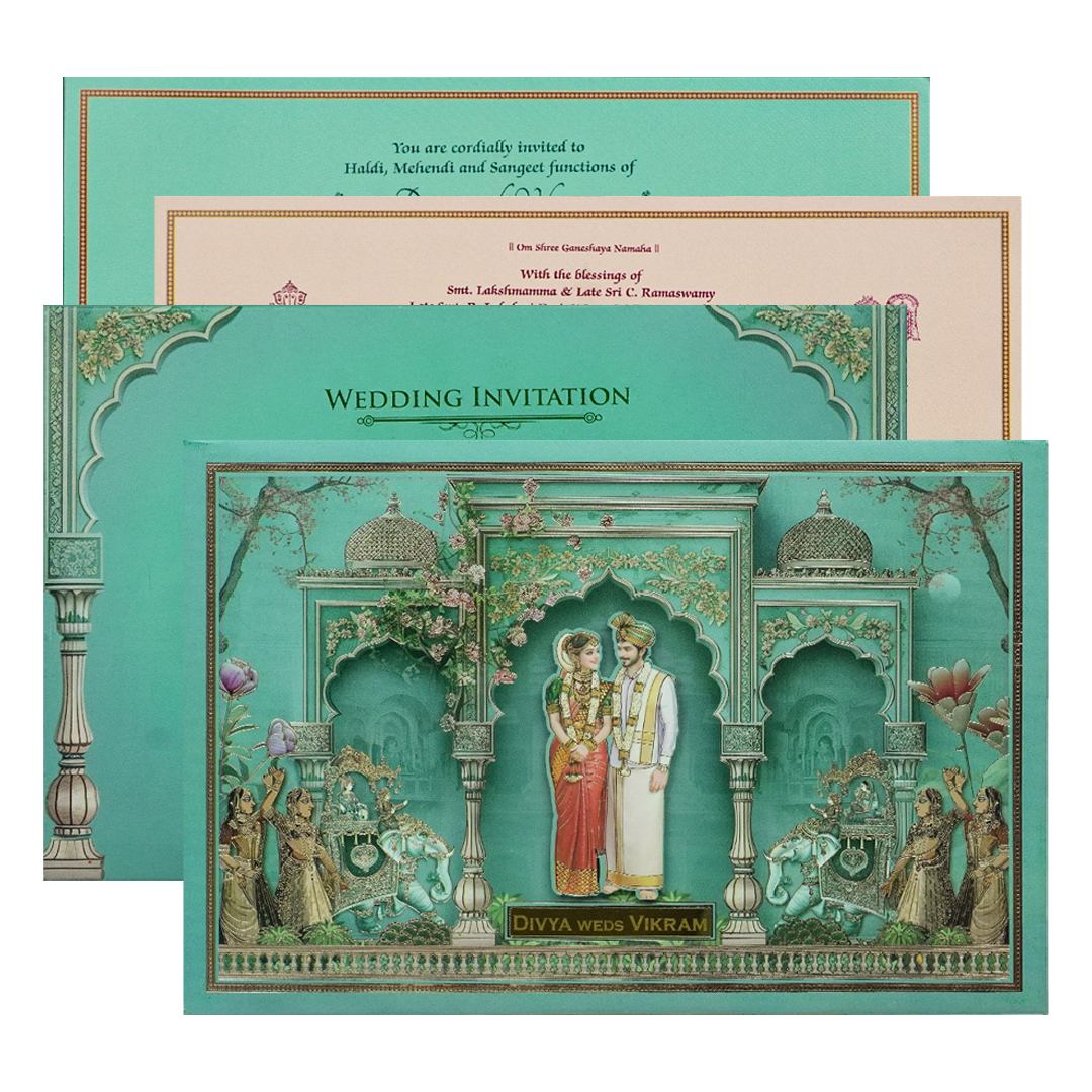 Green Padded Bride Groom Palace Wedding Card-KNAK4701