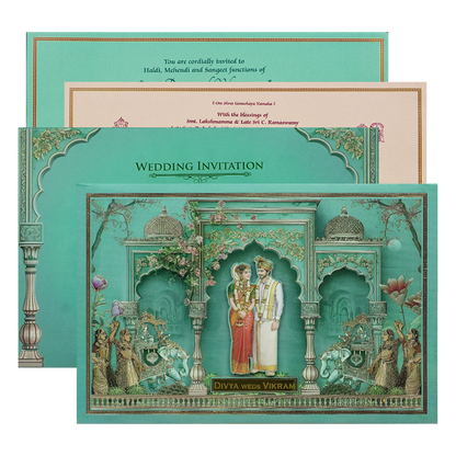 Green Padded Bride Groom Palace Wedding Card-KNAK4701