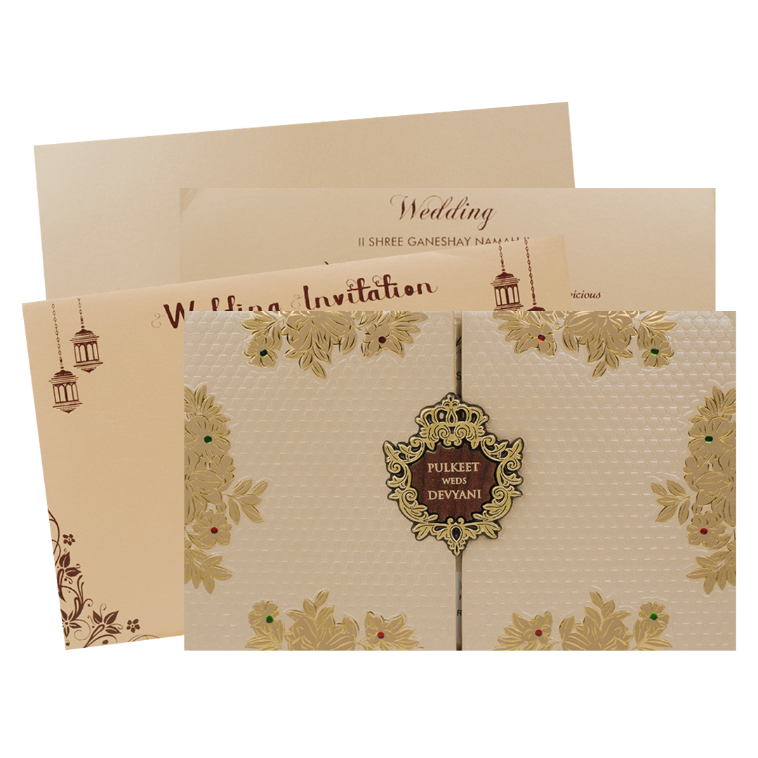 Check out Gold Floral Padded Wedding Card at best price. ✅WhatsApp Support ✅Express Delivery.|King of cards.