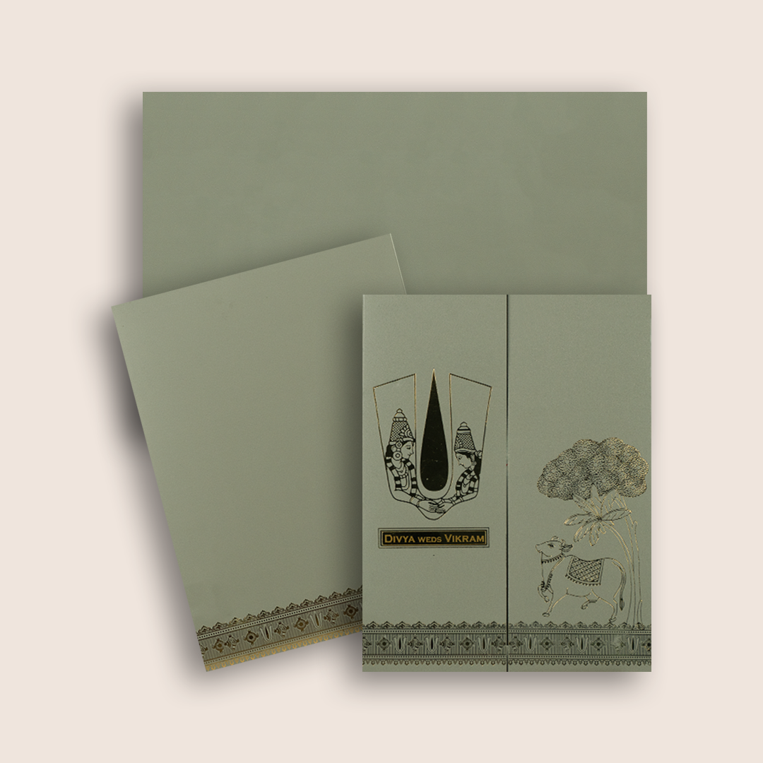 Grey Vaishnava Tilak Door Style Wedding Card - KNRR8708G