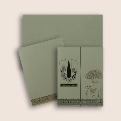 Grey Vaishnava Tilak Door Style Wedding Card - KNRR8708G