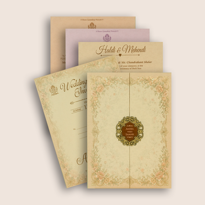 Beige Floral Padded Door Style Invitation Card - KSH18530