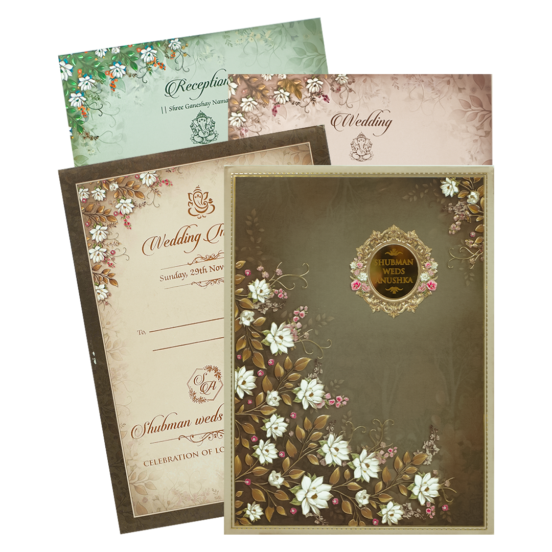 Brown White Lotus Padded Wedding Card-KRB09290