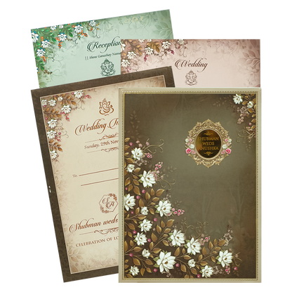 Brown White Lotus Padded Wedding Card-KRB09290