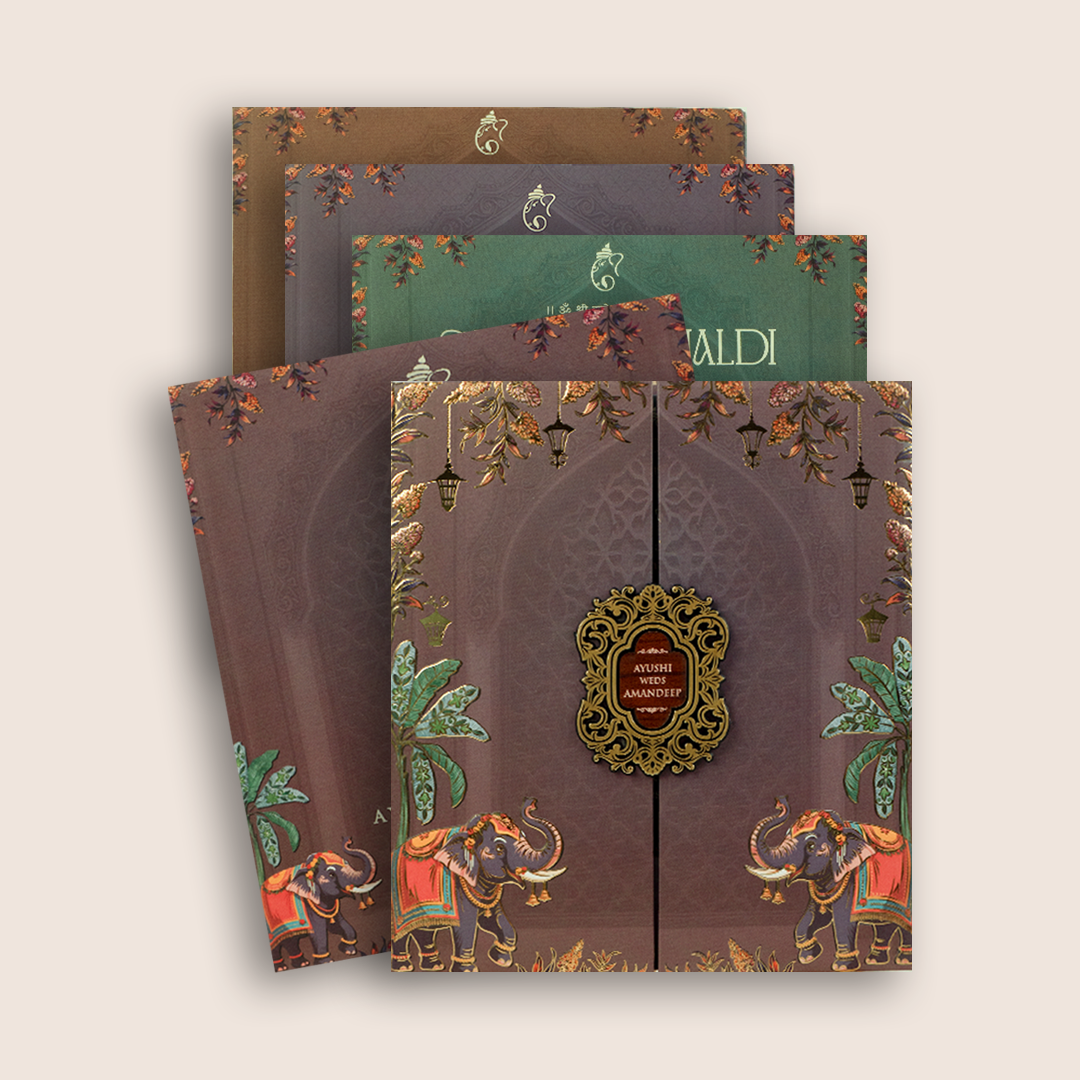 Brown Padded Elephant Door Style Wedding Card - KVN07980