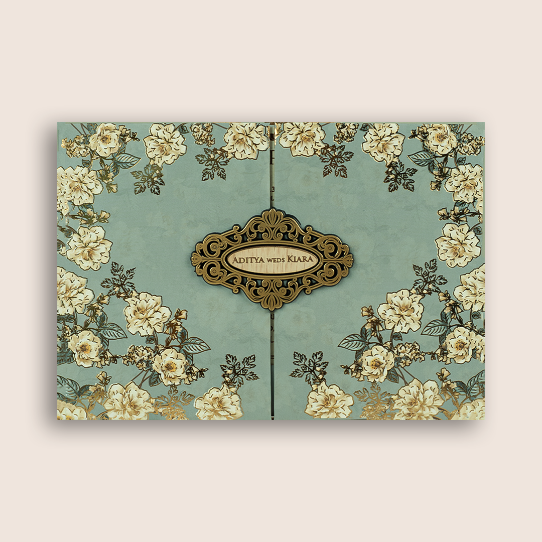 Pastel Blue Floral Door Style Padded Wedding Card - KFR16400