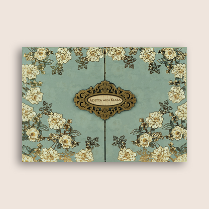 Pastel Blue Floral Door Style Padded Wedding Card - KFR16400