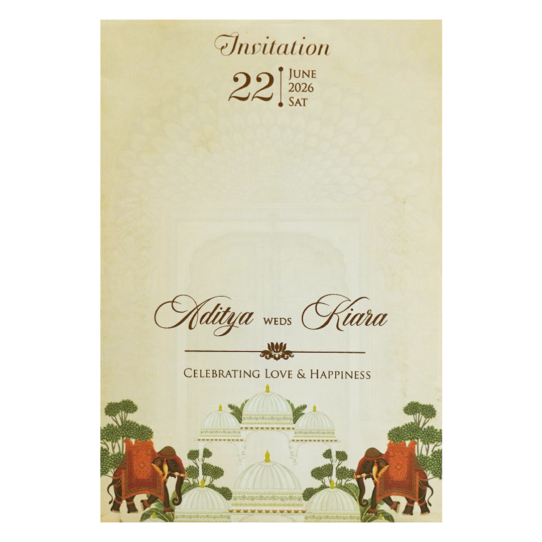 Cream Gold Dome Theme Elephant Wedding Card - KFR16120
