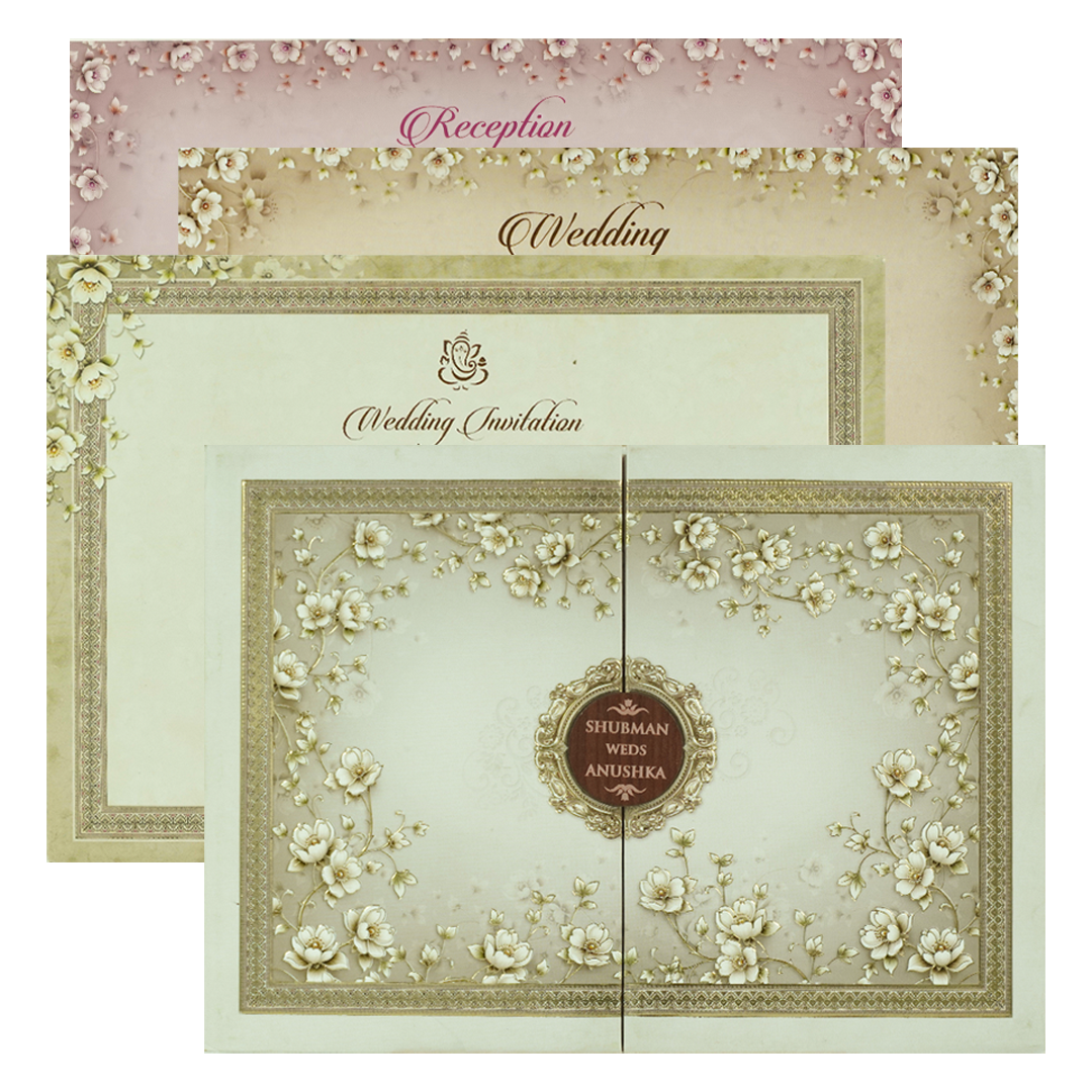 Grey Gold Floral Gatefold Padded Wedding Card-KRB09250