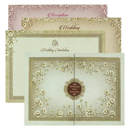 Grey Gold Floral Gatefold Padded Wedding Card-KRB09250