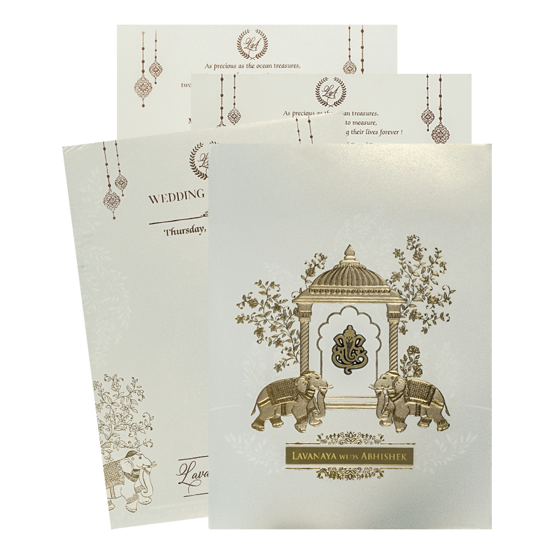 White Arch Ganesha Padded Wedding Card-KRE27510