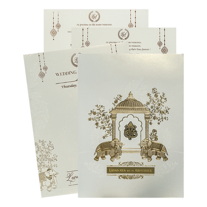 White Arch Ganesha Padded Wedding Card-KRE27510