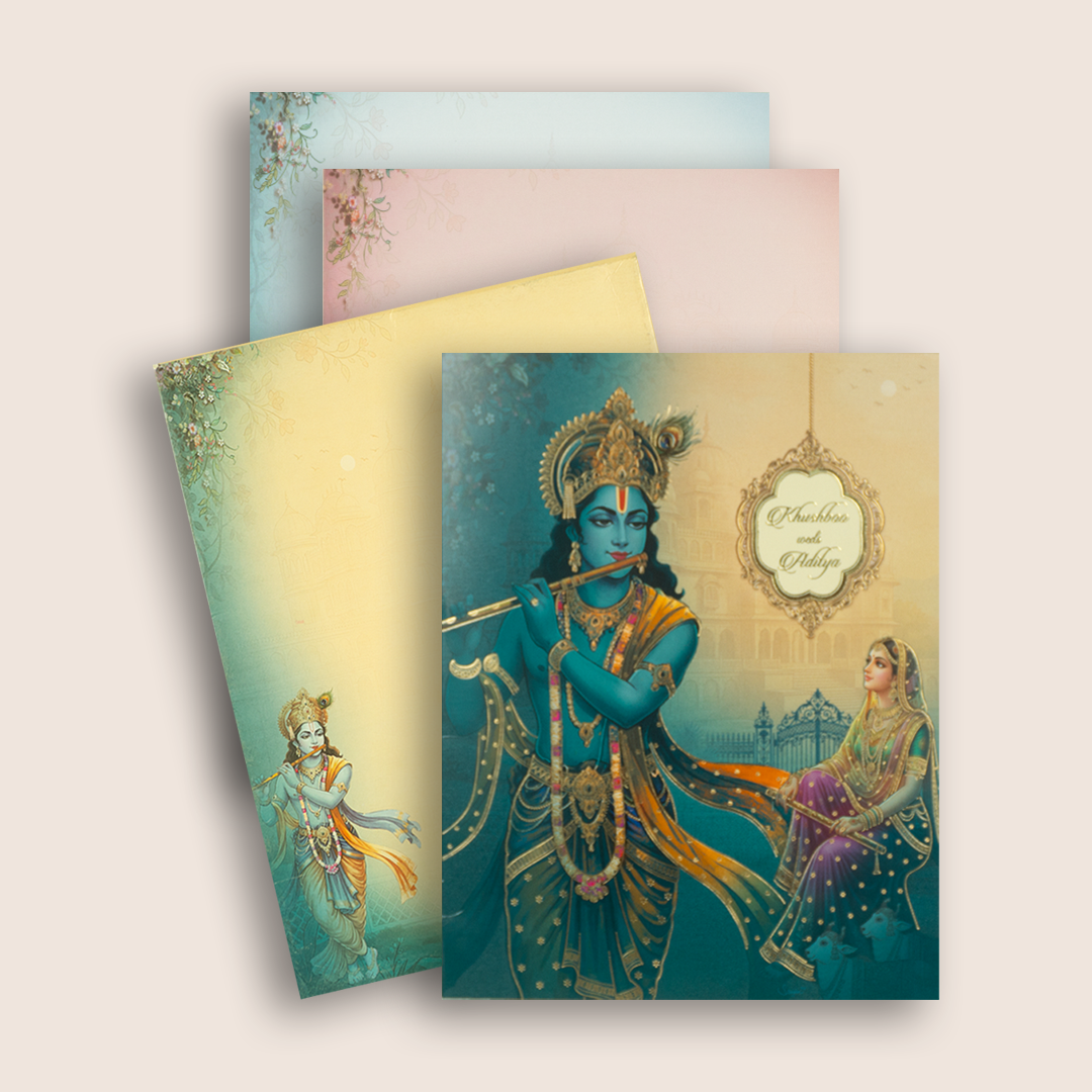 Blue Radha Krishna Premium Wedding Card - KAA05020