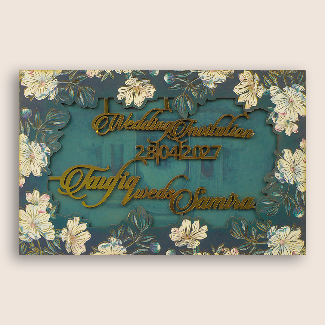 Blue Floral MDF Marriage Invitation - KVN07760