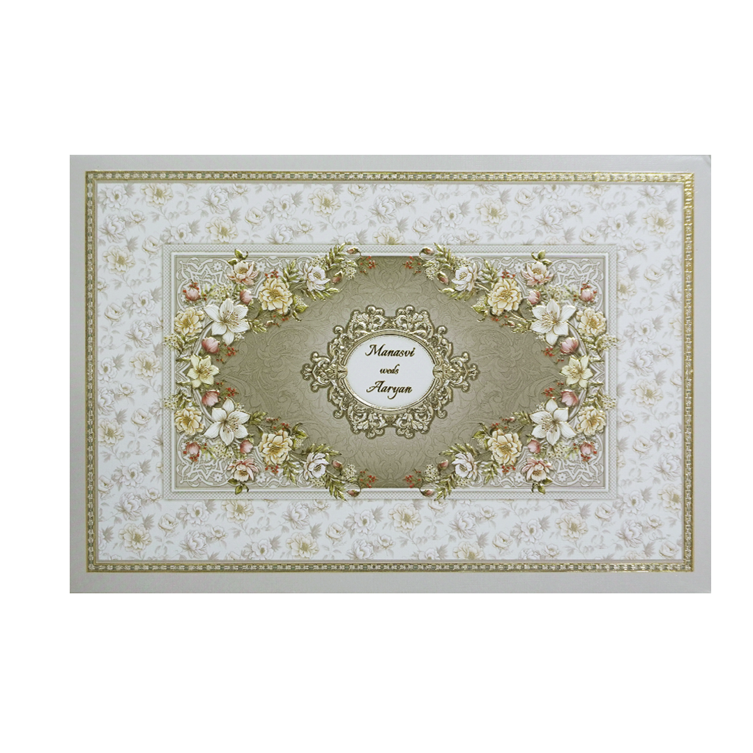 Grey Floral Frame Padded Wedding Card -KMMWD1142