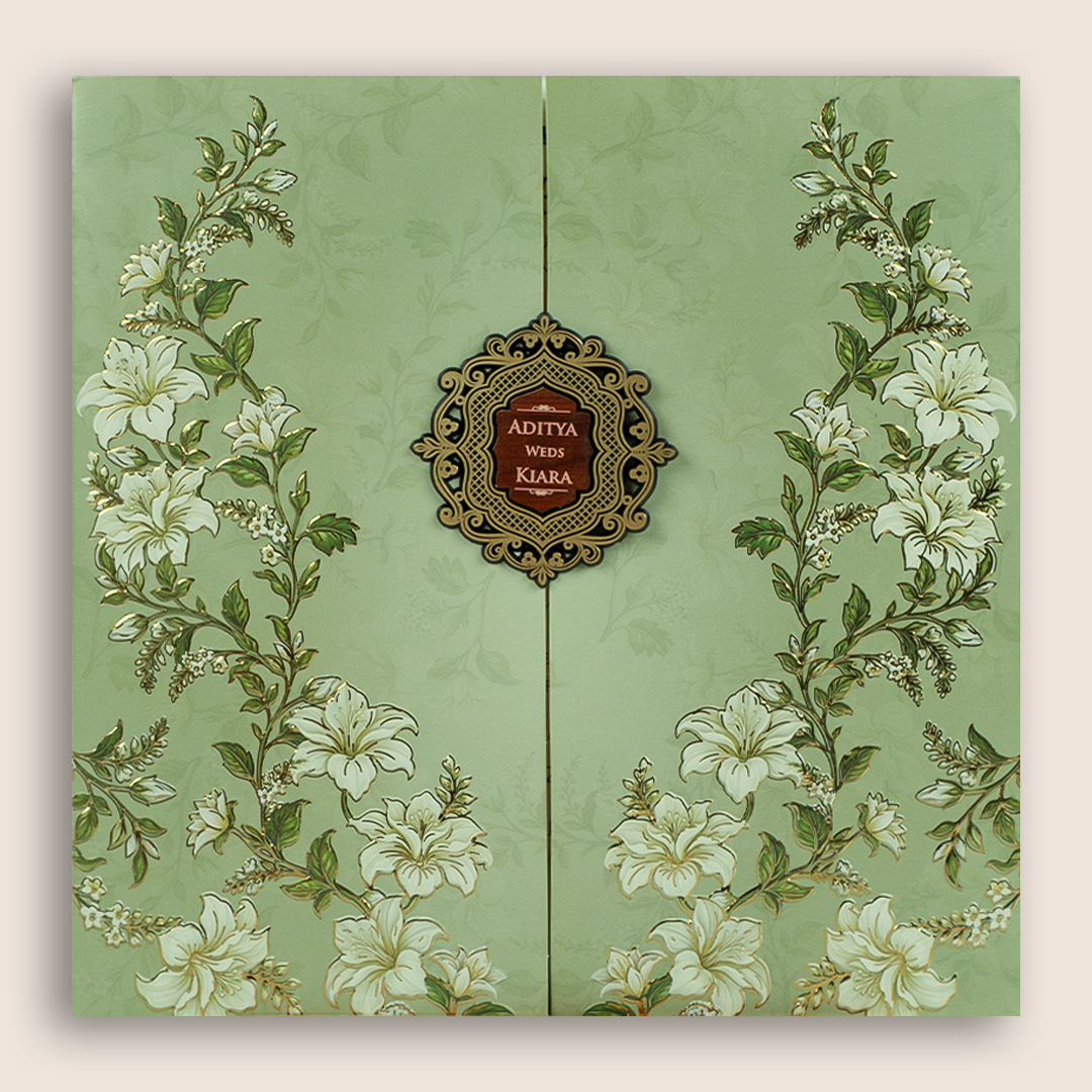 Green Embossed Lilly Flower Door Style Wedding Card - KFR17170