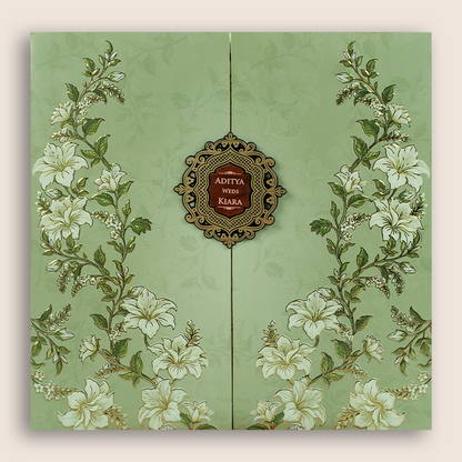 Green Embossed Lilly Flower Door Style Wedding Card - KFR17170