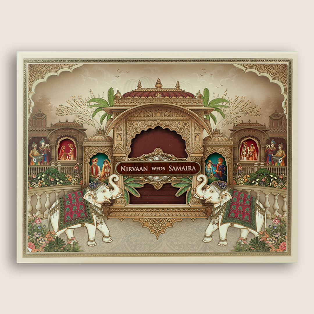 Beige Royal Elephant Laser Cut Padded Wedding Invitation - KSH27060