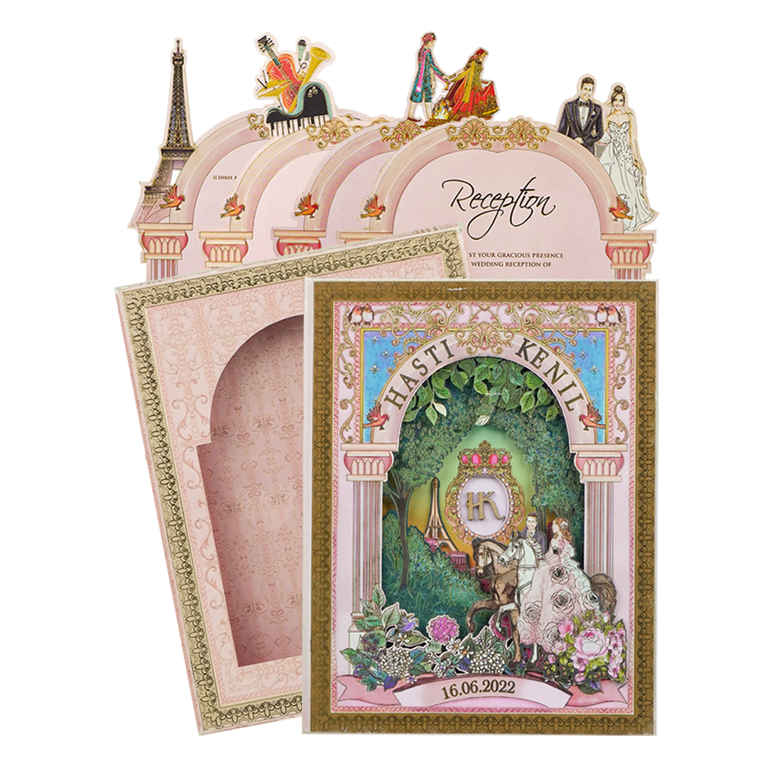 Pink Floral Bride Groom Laser-Cut Wedding Card-KNKUP047