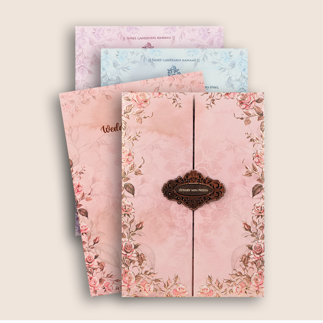 Pink Rose Floral Embossed Door Style Padded Marriage Card - KVN07790