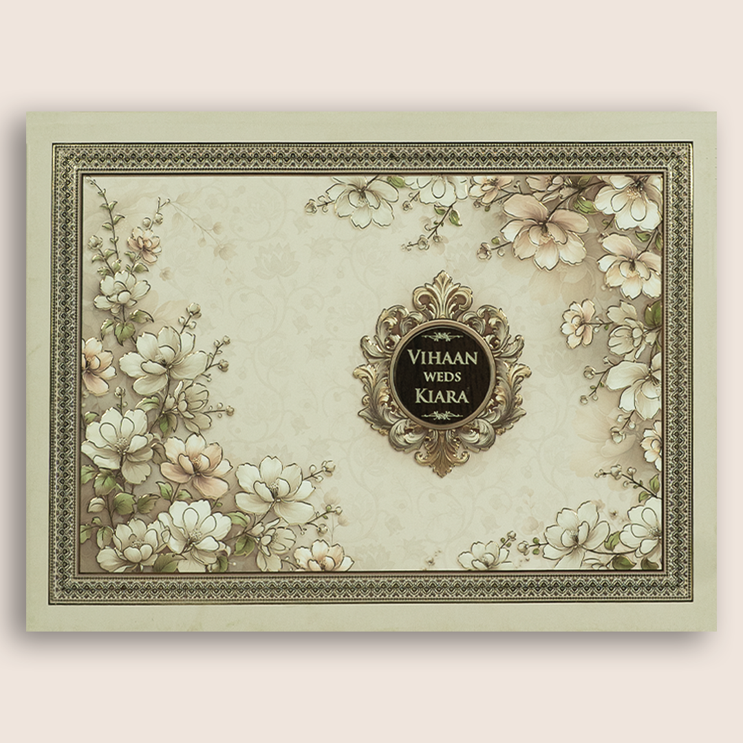 White Floral Embossed Padded Wedding Card - KSH18920