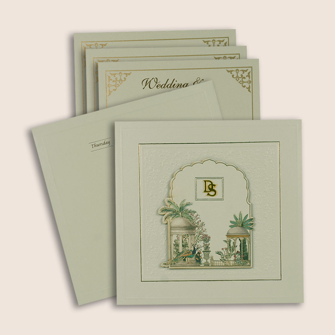 Grey Embossed Floral Peacock Padded Wedding Card - KPR025150