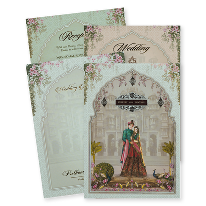 Check out Pastel Blue Palace Couple Padded Wedding Card at best price.✅WhatsApp Support ✅Express Delivery.|King of cards.