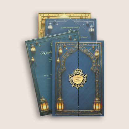 Royal Blue Floral Padded Door Style Wedding Card - KJTS3678