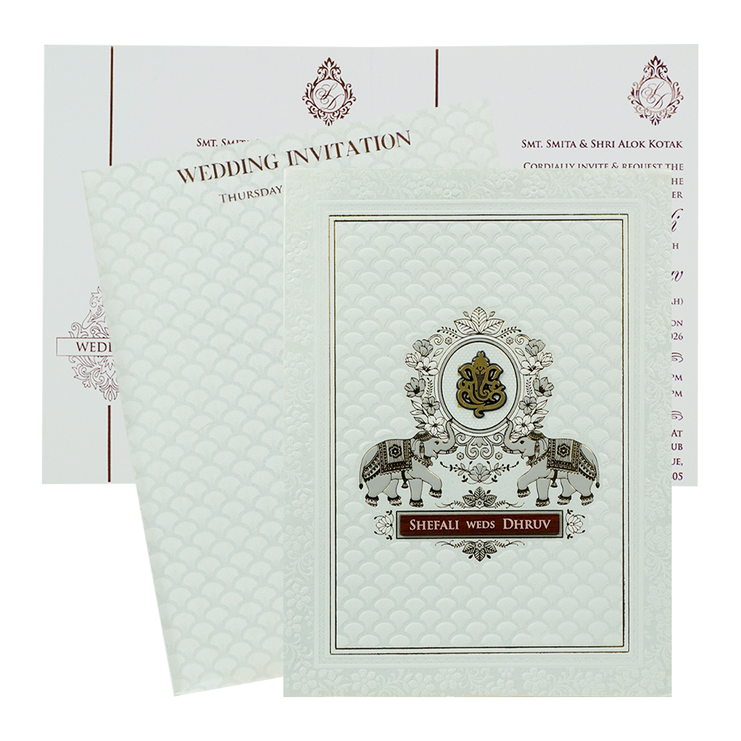 White Embossed Royal Elephant Wedding Card-KRE28420