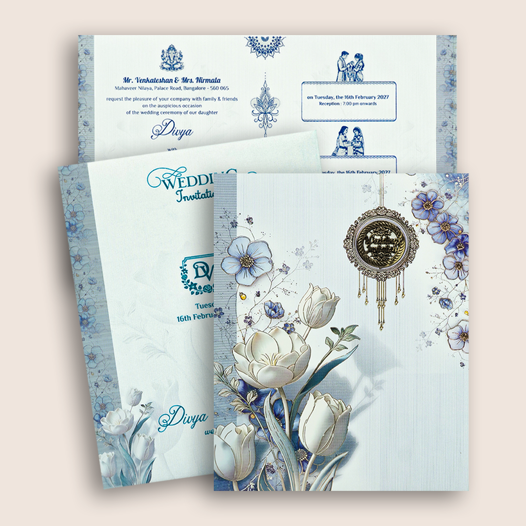 Blue White Floral Wedding Card - KNKJ1162