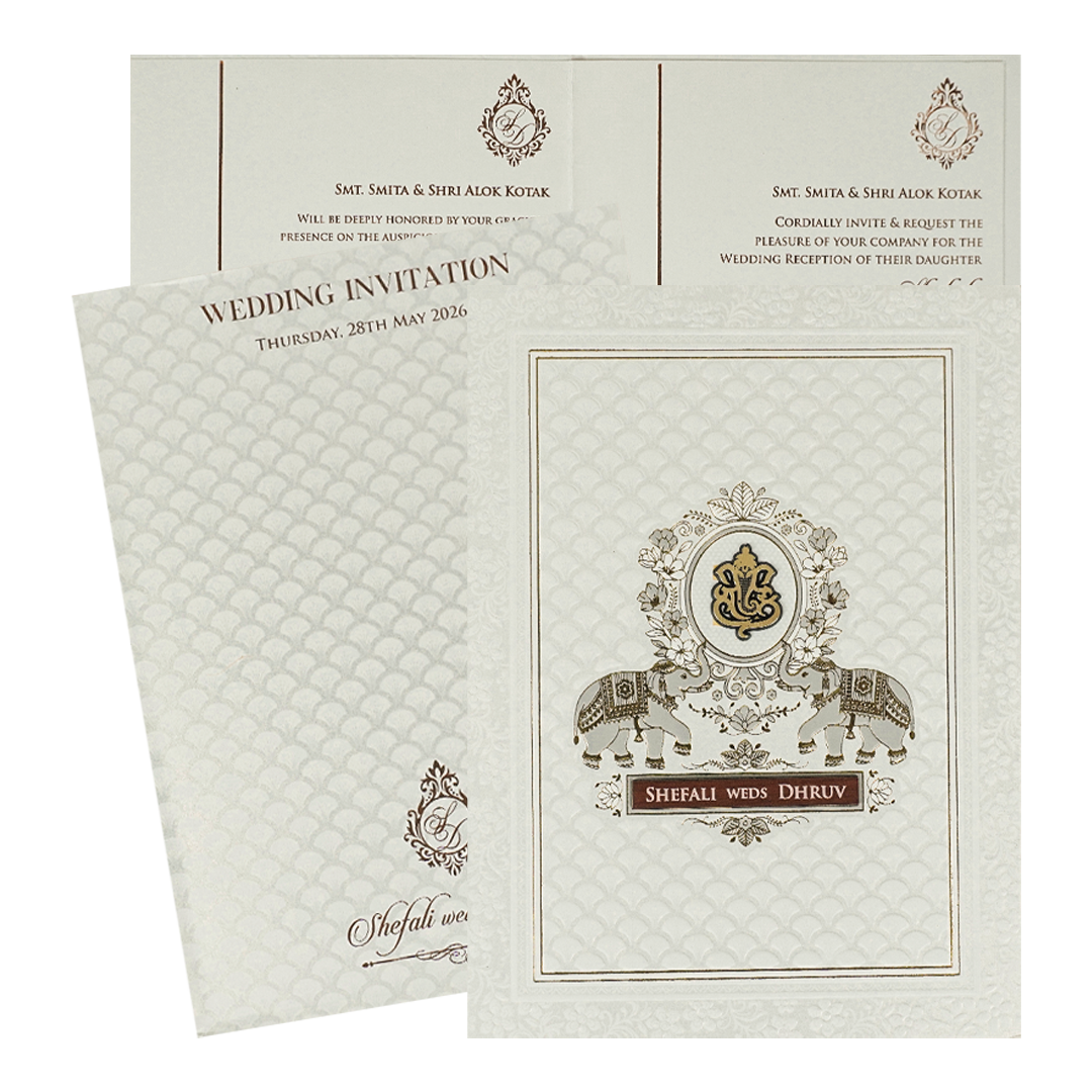 White Embossed Royal Elephant Wedding Card-KRE28420