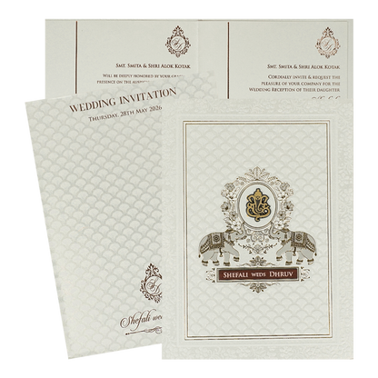 White Embossed Royal Elephant Wedding Card-KRE28420
