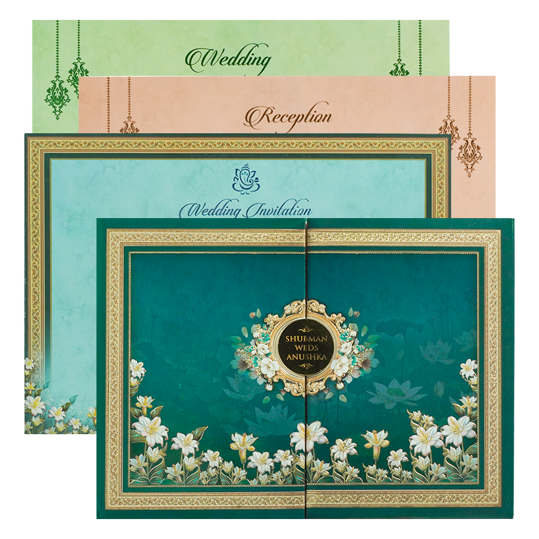 Emerald Blue Floral Padded Wedding Card-KRB09260