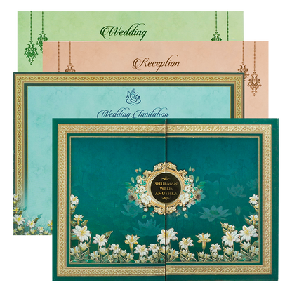 Emerald Blue Floral Padded Wedding Card-KRB09260